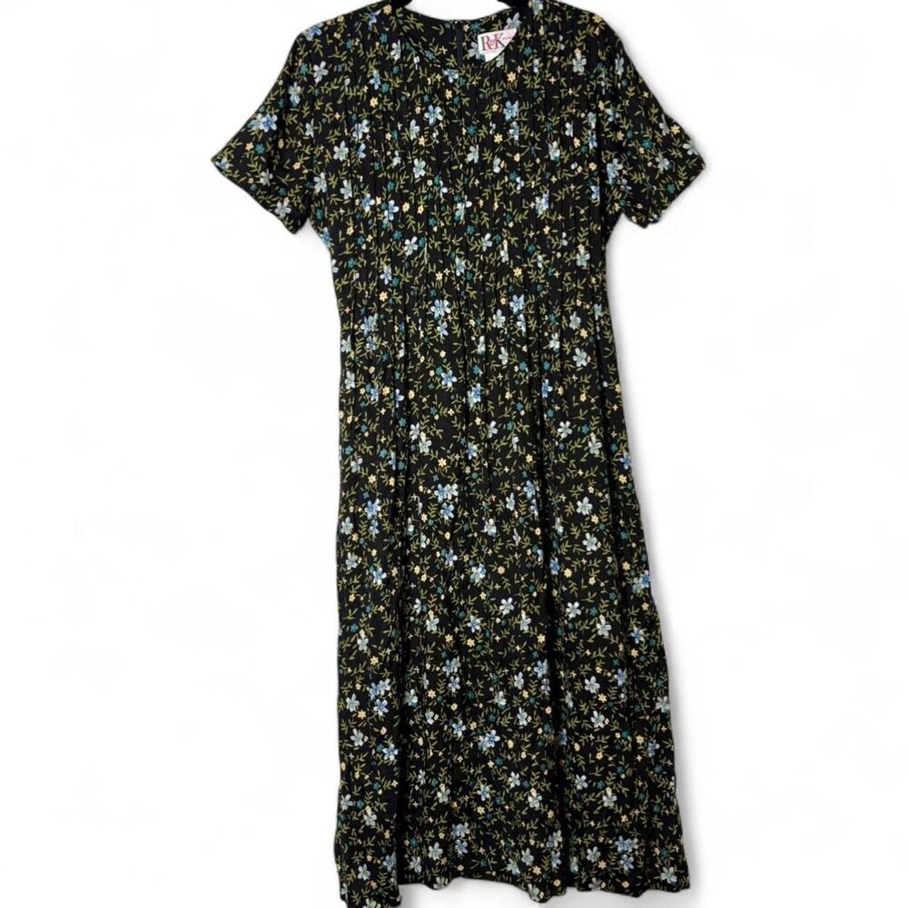 Vintage R&K Originals Black Floral Rayon Midi Dress Pintuck Pleat Bodice Size 6